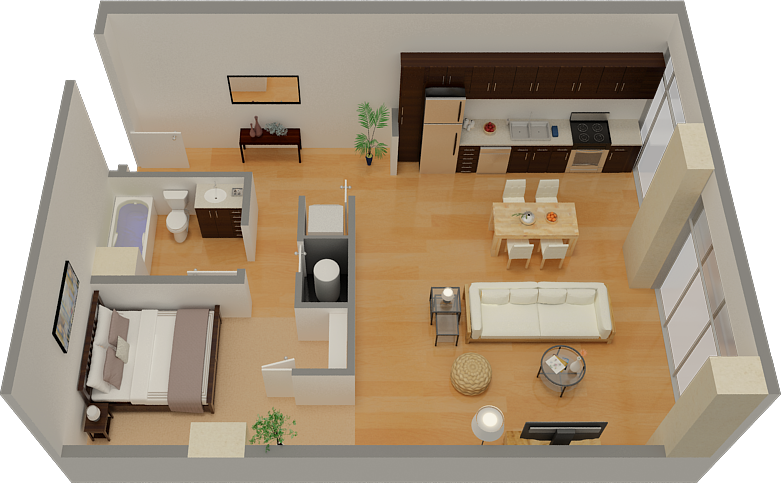Floor plan for 1 bed, 1 bath, 891 sqft